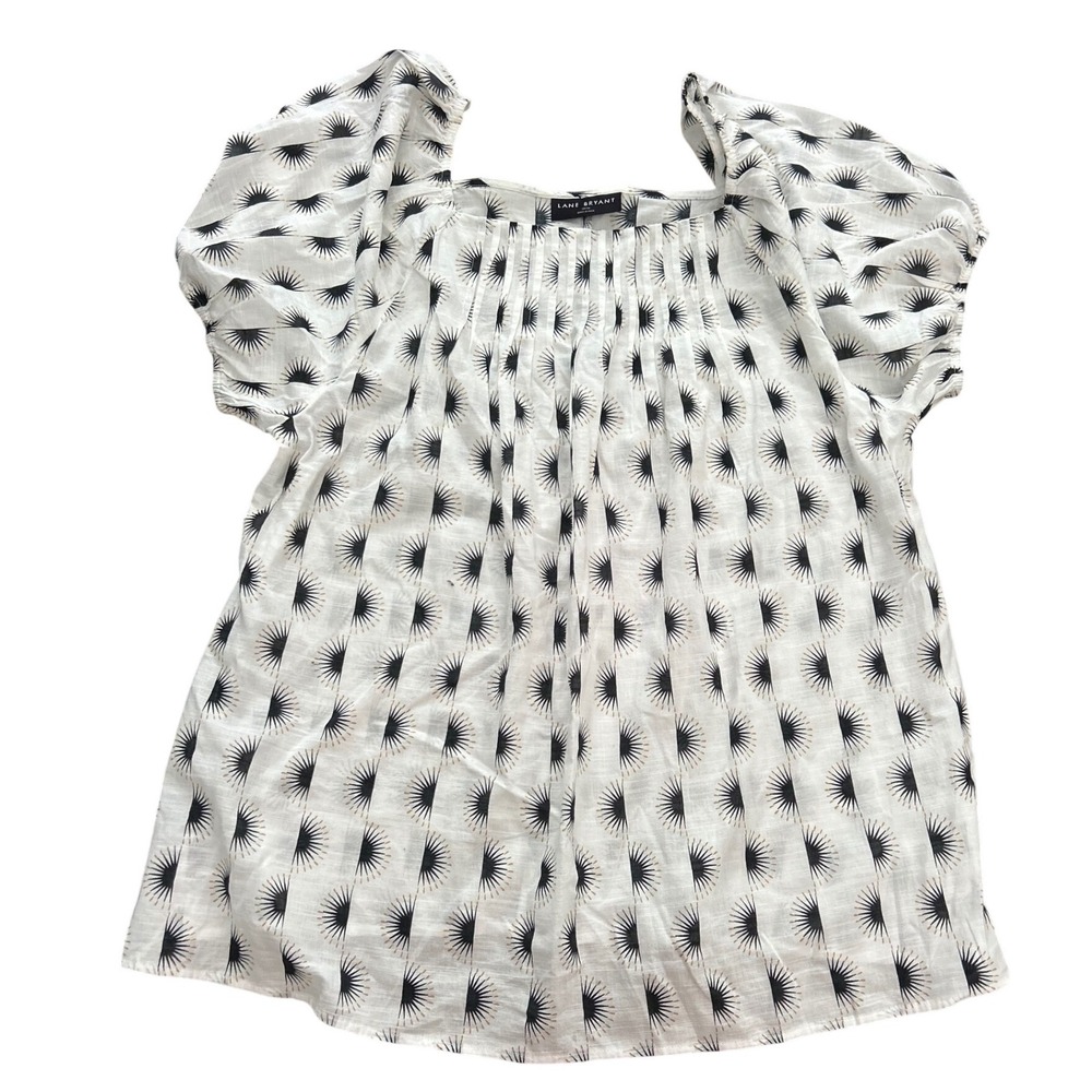 Lane Bryant White Black Sunburst Print Pintuck Puff Sleeve Cotton Blouse 14/16